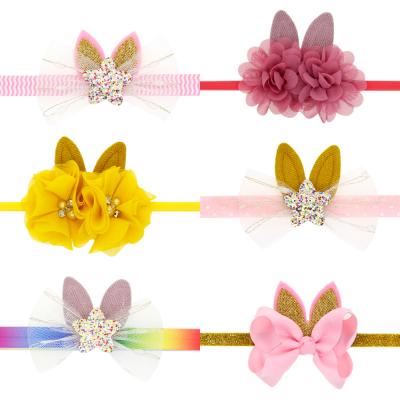 China Material Friendly Glitter Bunny Ears Headband Kids Flower Bunny Nylon Headbands Easter Hair Girls Hair Bands Accessories for sale