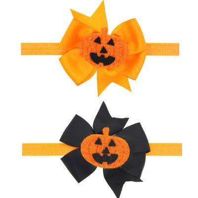 China Fashionable Newborn Baby Halloween Headband Pumpkin Headbands Orange and Black Halloween Flower Girls Headband Hair Bows for sale