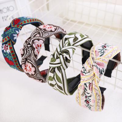 China Women Headbands Friendly Material Cloth Embroidered Flower Wide Print Headband Hair Circle For Girl's Hair Accessories for sale