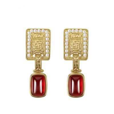 China New Fashionable Retro Red Zircon Simple Dangling Earrings 925 Needle All-match Silver Dangle Earrings for sale