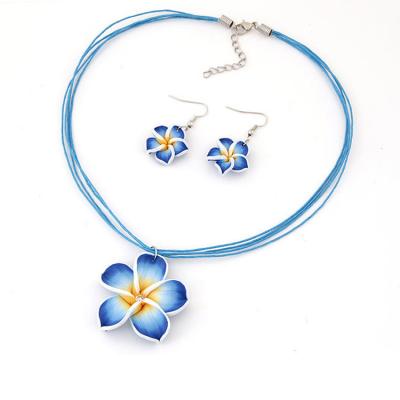 China Hot Sale Fashion Polymer Clay Hawaiian Plumeria Flower Earring And Necklace Jewelry Sets With Multiple Wax Rope Chain For Women for sale