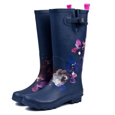 China Fashion Trend Women's Rain Boots Long Navy Blue Flower Rain Boots Rubber Sleeve Knee High Shoes Rain Boots for sale