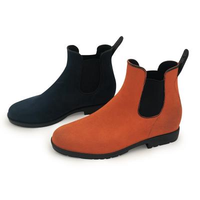 China 100%water proof Fashion Suede Women's Short Rain Boots Waterproof Slip On Ankle Chelsea Booties Ladies Rain Boots Elastic For Women for sale