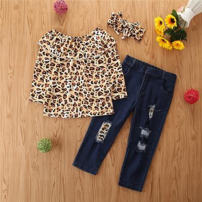 China Kids Leopard Kids Casual Girls Ruffled Sleeve Shirts With Jeans Pants Sets Girl Outfits Girl Clothes Sets for sale