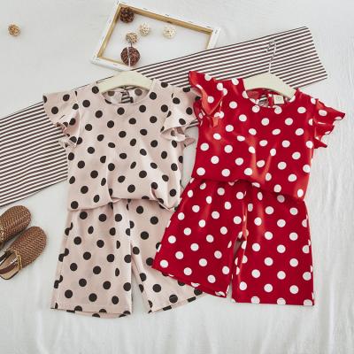 China Casual Polka Dots Girl Children Clothes Set Fly Sleeve T-shirts With Shorts Pants Clothing Set Girl Clothes Set for sale