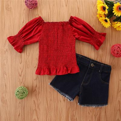 China Summer 2pcs Kids Clothing Baby Casual Ruffled Strap Cardigan Shirts Jeans Shorts Clothes for sale