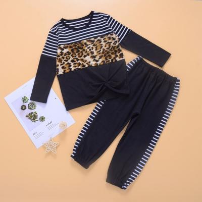 China A270 Casual Fashion Fall Stripe Leopard Shirts Blouse With Pants Children Kids Clothing Set for sale