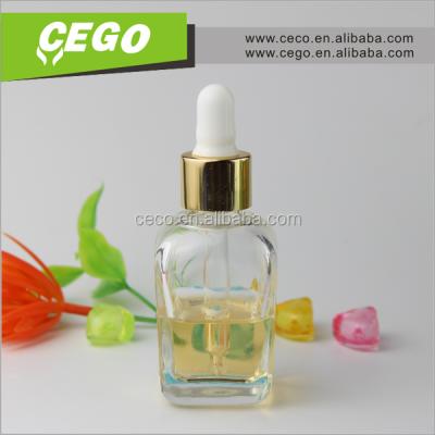 China For newest e-liquid shape for 30ml clear square glass dropper bottle with gold cap white rubber top in stock for sale