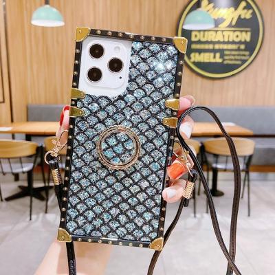 China Fashionable Anti-fall Cross & Shiny Glow Case Square Metal Body Phone Cover With Lanyard Ladies For IPhone 11/12/12 pro for sale