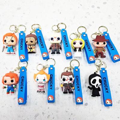 China 9 Styles Chucky Clown Rubber Keychain Glen Cartoon Horror Scream Ghost Rubber Face 3D Keychain Halloween Gifts for sale