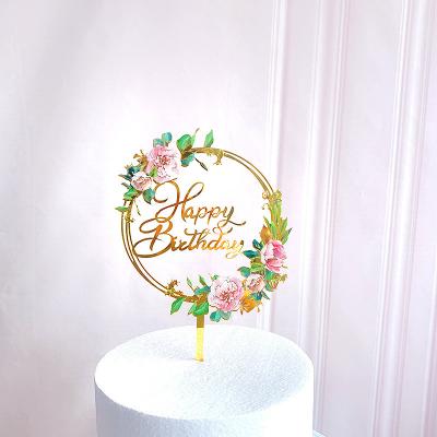 China Acrylic Cupcake Topper Gold Flower Acrylic Cake Toppers for Different Birthday Party Cake Baking Decorations for sale