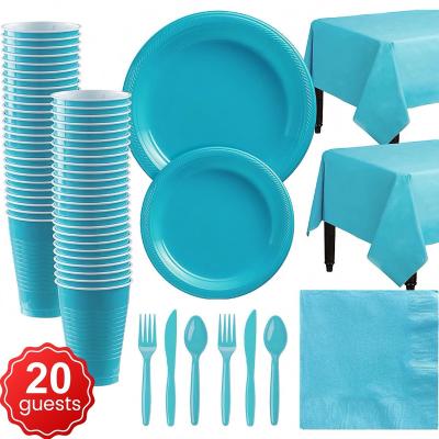 China Hot Selling Disposable Plastic Tableware Sets With Plastic Tableware Plastic Tablecloth Cups Dishes Paper Napkins For Party for sale