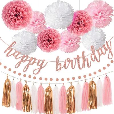 China Decoration Rose Gold Happy Birthday Party Decoration Banners Tassels Flowers for sale