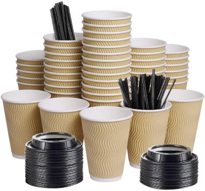 China 12oz Disposable 100 Packs Kraft Ripple Wall Insulated Disposable Paper Coffee Cups For Drink Corrugated Hot Coffee Cups With Lids&Straws for sale