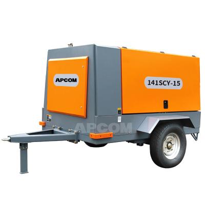 China Low Noise Lubricated Air Compressor 141SCY 530cfm 15bar Trailer Mounted Diesel Portable Screw Air Compressor for sale