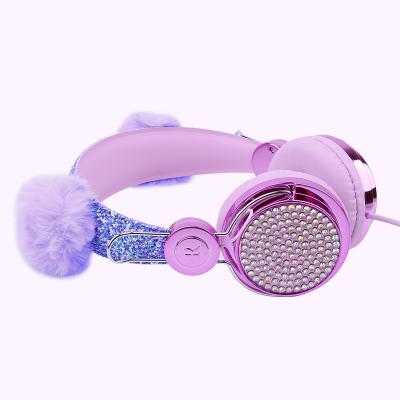 China URIZONS Gaming unicorn pom anime cartoon children kids comfortable wearing bling purple earphone 3.5mm cable with microphone for sale