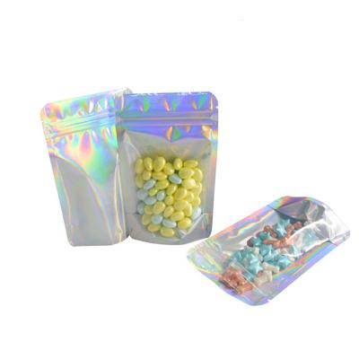 China 100Pcs Recyclable Stand Up Clear Laser Aluminum Foil Zipper Lock Storage Bag Food Tea Powder Nuts Zipper Packaging Bag for sale