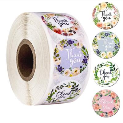 China 500 PCS Raincoats I Inch Thank You Stickers Label Roll With 4 Kinds Of Colors And Background Flowers for sale