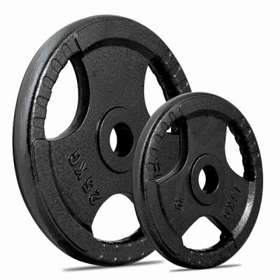 China Universal Gym Equipment 5kg 10kg 15kg 25kg 20 Kg Tri Grip Painted Cast Iron Barbell Weight Plate for sale