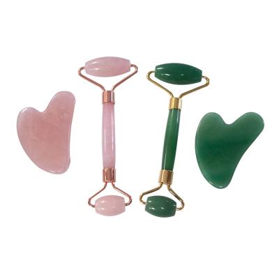 China Whitening Natural Double Headed Rose Quartz Green Aventurine Box Face Roller Massager Guasha and Jade Crystal Roller for sale