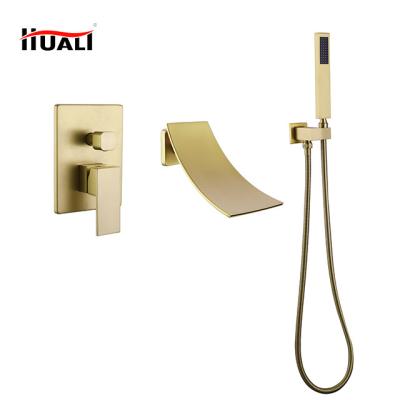 China Without Slide Bar Aosheng Three Hole Brushed Gold Concealed Wall Mounted Brass Tub Filler Tub Bathroom Faucet Set And Shower Mixer Tap Faucet Set for sale