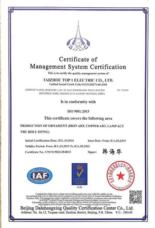 ISO9001 - Taizhou Top1 Electric Co., Ltd.