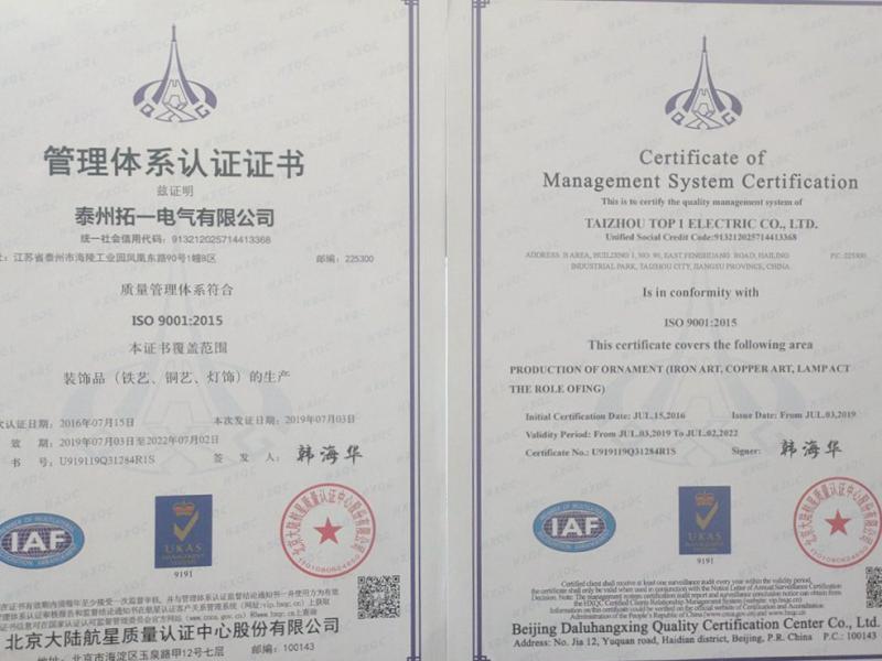 ISO9001 - Taizhou Top1 Electric Co., Ltd.