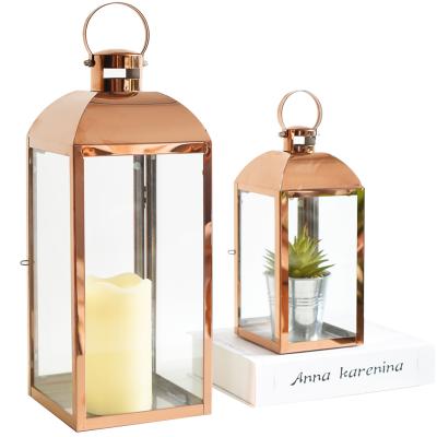 China Modern Home Decoration LED Rose Gold Stainless Steel Wedding Lantern Copper Lantern for sale