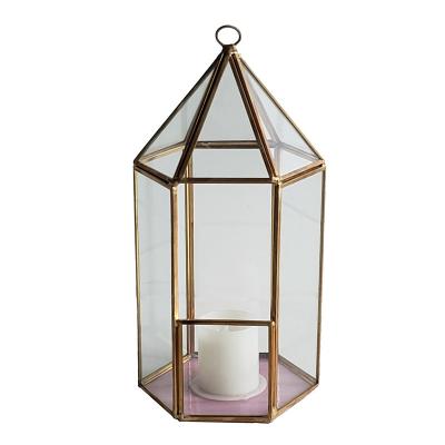 China Western Hexagon Copper Home Decoration Style Candle Holder Copper Bedroom Glass Candle Holder for sale