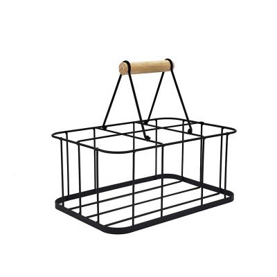 China Household Metal Iron Wire Storage Basket Kitchen Wine Organizer Basket With Wood Hand Stocked for sale