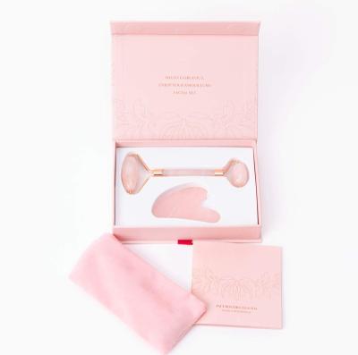 China Luxury Anti Aging Face Firming Tool Kit Non-grit Rose Quartz Jade Roller and Gua Sha for sale