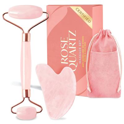 China Anti Aging Facial Massage Rose Quartz Jade Roller and Face Gua Sha Cosmetics Face Skin Massager Roller Set for sale