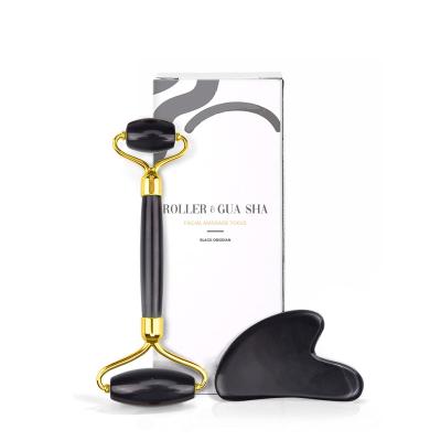 China Wholesale Black Obsidian Face Roller and Gua Sha Facial Massage Tools for sale