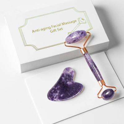 China 2021 New Face Fashion 100% Real Natural Amethyst Facial Roller With Purple Jade Roller And Gua Sha Tool for sale