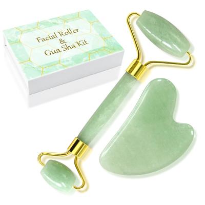 China Natural Green Face Jade Roller and Gua Sha Board for Facial Face Gua Sha Tool Kit for sale