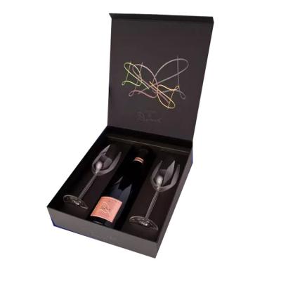 China bespoke one bottle wine and two glasses hinged paper box  luxury wine box with EVA foam tray for sale