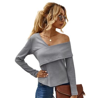 China Anti-Wrinkle Spring Fashion Loose Shoulder Knitted Top Ladies Long Sleeve Knitwear for sale