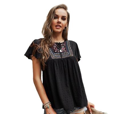 China Floral Embroidered Anti-wrinkle Top Ladies Dress O-neck Shorts Sheath Summer Black Ladies Casual Top for sale