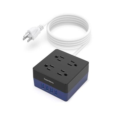 China Hot Selling 4 AC Outlet 4 USB Ports Durable Square Power Strip Universal Travel Adapter Plug With USB for sale