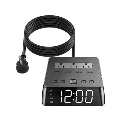 China 3 AC Outlet 4 USB Ports Smart Wake Up Digital Control Alarm Clock Power Strip With 4 USB Chargers for sale