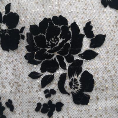 China Breathable Fancy Floral Flower Flocking 100% French Polyester Lace Tulle Sequin Embroidery Flock Fabric For Clothing for sale