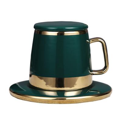 China Viable Hot Sale Gift Box Nordic Style Coffee Mug Green Porcelain Tea Cup And Saucer With Gold Plating Design And Lid for sale