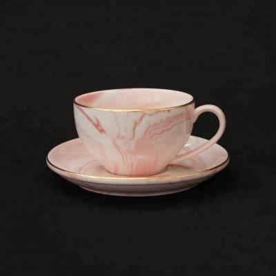 China Viable Pink Marble Model with Gold Rim Tea Cup Saucer Set for sale