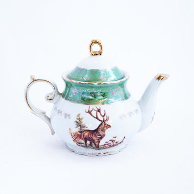 China New Viable Unique 9 Inch Green Gold Elk Leaf Decorative Teapot Ceramic Teapot for sale