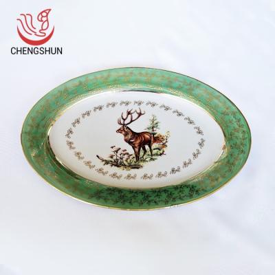 China Cheap Price Viable 10 Inch Green Gold Foil Fine Dining Dishes Round Tray Ceramic Dish Plate for sale