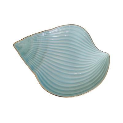 China Viable Hot Selling Blue Luxury Shell Shape Gold Snack Tray 8.8 Inch Ceramic Dishes Dish Set For Dining for sale