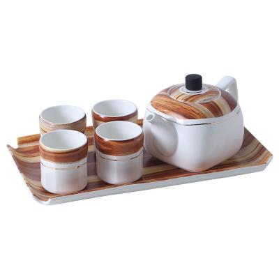 China 2021 Wholesale New Viable Elegant Wooden Teaware Pattern Porcelain Coffee And Tea Set With Wooden Rack for sale