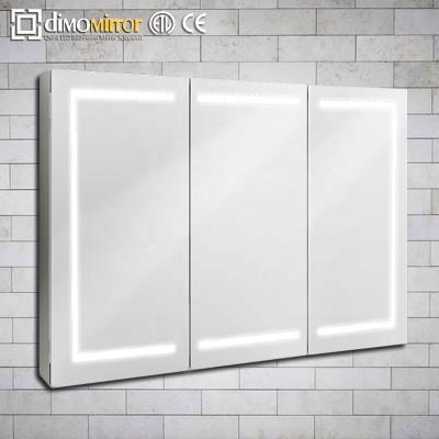 China Luxury Bright Led Mirror Cabinet Decorate Triple Doors Kitchen Medicine Cabinet Bathroom Led Mirror Cabinet for sale