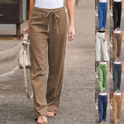 China New Elastic Waist Solid Color QUICK DRY Cotton And Wide Leg Canvas Pants Belt Loose Pants Pants 2021 Women for sale