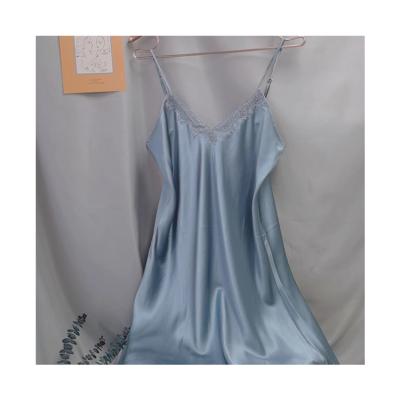 China Solid Color Breathable Sleepwear Women Robe Lingerie Sling Silk Nightgown With V-Neckline for sale